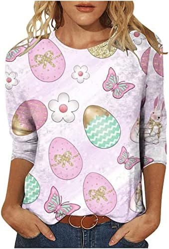 3/4 ракав 2023 Облека памучна екипаж графичка кошула за блуза за жени лето есен среќен подарок салон Велигденски врвен РП