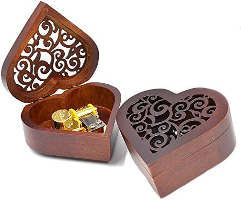 Антички врежана дрвена музичка кутија за ветерници, Лилиум од Елфен лажеше музичка кутија, со движење со злато во, во форма на срце