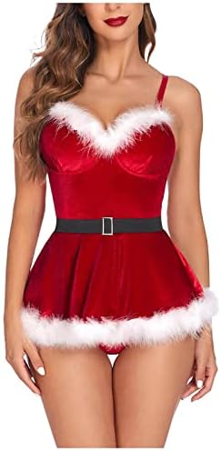 Адонг Божиќна долна облека за жени, Божиќна долна облека за жени Секси Дедо Мраз Babydoll V вратот со кадифена долна облека