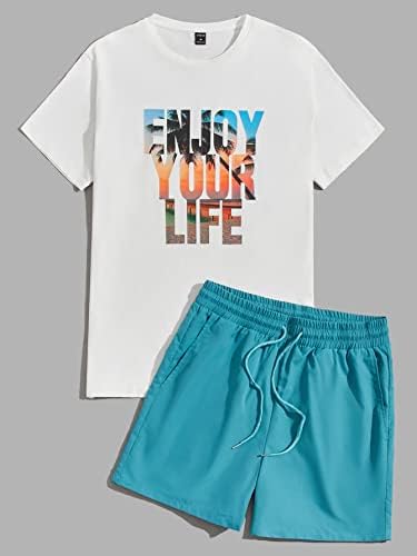 Lubose Облека со две парчиња за мажи за мажи и слоган графички мета и шорцеви за половината за влечење
