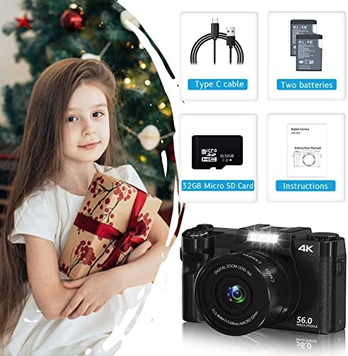 Digital Digital Camera за фотографија, 4K камера со блоге за YouTube, 56MP 16x дигитален зум 3 ”точка и снимајте камера за деца, тинејџери,