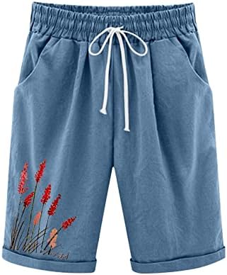 Шорцеви за жени обични летни памучни постелнини џемпери на колено должина на коленото мода за дишење кратки панталони со џебови