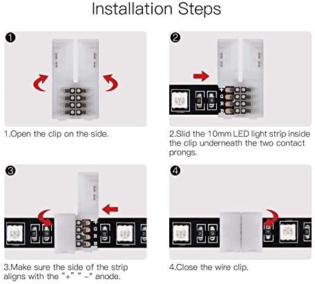 20 пакувања LED светлосни конектори, конектори со ширина од 10 мм со 4 пинови со 4 пински конектори за клип без лемери за RGB 5050