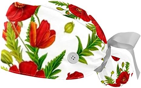 2 пакувања Работно капаче со копче за жени со долга коса прилагодлива еластична завој вратоврска назад капи, буфан капачиња со мастило цвет