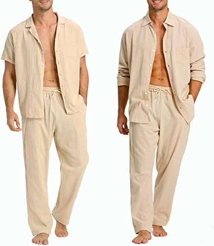 Машка постелнина Јаогро поставува облеки: 3 парчиња копче на плажа надолу кошули Обични лабави панталони со кратки ракави за одење