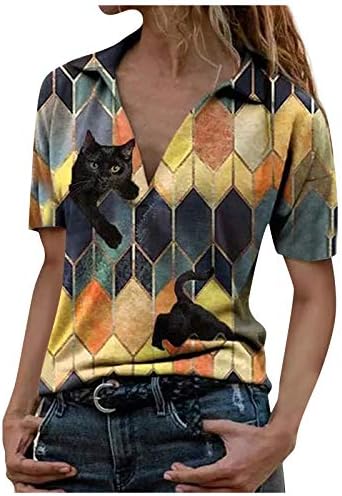 Fragarn летни врвови за жени со ниско сечење на деколте кошула Дијамантска графичка печатење маичка лабава вклопена кратка ракав удобни обични