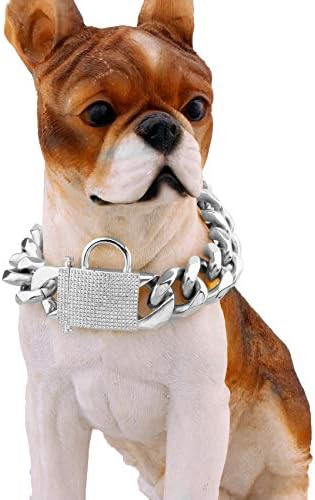 Aiyidi силен ланец на кучиња јака тешка не'рѓосувачка челик сребрен ланец на кучиња широк 23 мм дебела кубанска врска со гушачка јака за кучиња