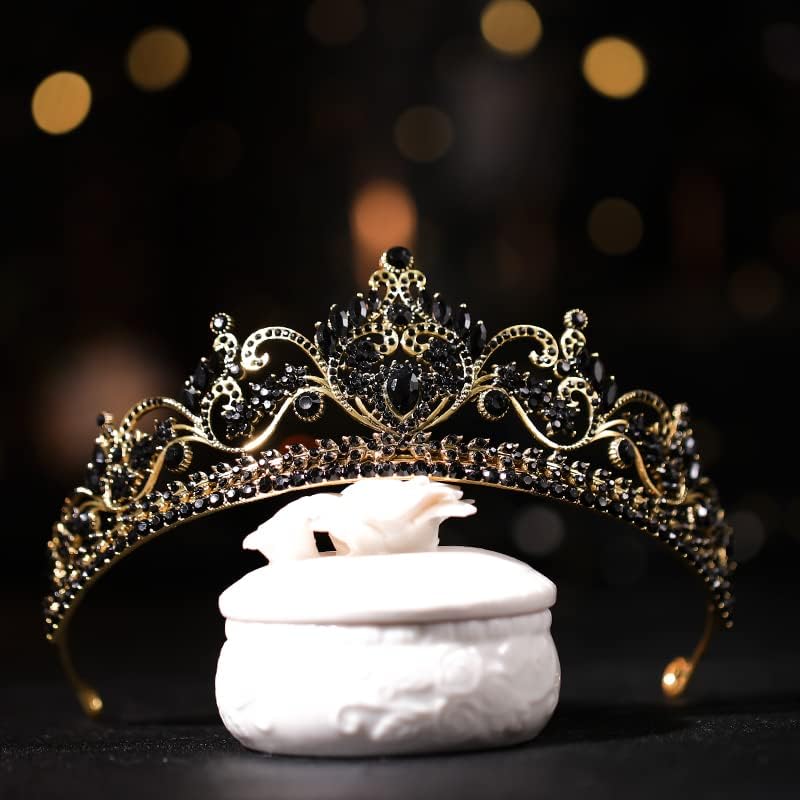 Црна Круна Дијадема - гроздобер готски црна Античка круна дијадема лента за глава со темни кристали од кристали и ' Рѓосани Златни Додатоци За