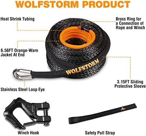 Wolfstorm Synthetic Winch Kit Cable Kit: 3/8'''x100ft Winch Line Cable w/Заштитен ракав+Тешка фалсификувана кука за винче+безбедносна
