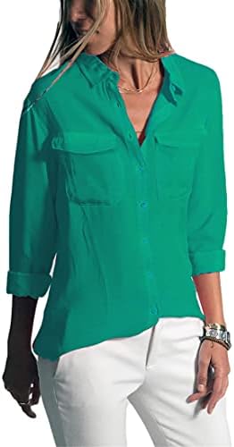 Andongnywell Цврста боја на обична лапа со долги ракави џебни кошула женска облека летни повеќебојни врвови