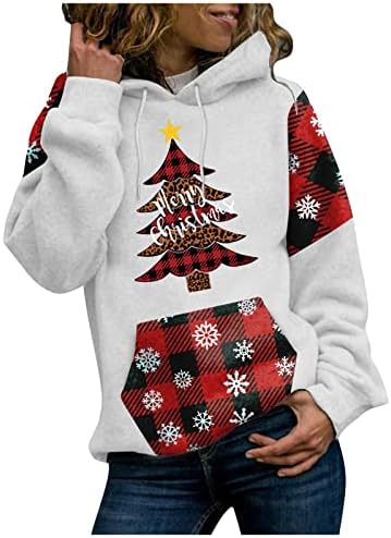 LMSXCT женски Божиќ пулвер худи -обичен Божиќ, карирана крпеница со долги ракави, прицврстувач со качулка, скокач за џемпер Туника ТОП