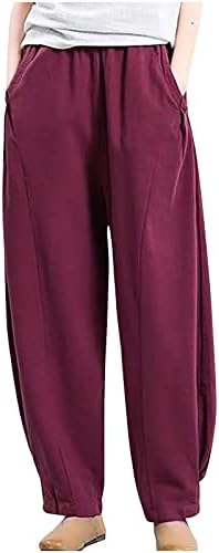 Hcjkdu летни панталони за нозе за жени еластични половини обични џемпери со џебови памучни постелнина салон лабава вклопена долга пантоло