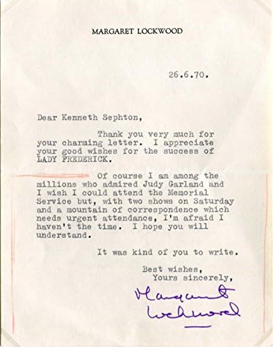 Автограм на Маргарет Локвуд, англиска актерка, потпишано писмо потпишано и монтирано