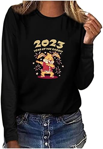 Среќна нова година 2023 година кошули со долги ракави за жени, тинејџерски девојки Обични модни екипаж маица новите маички блузи