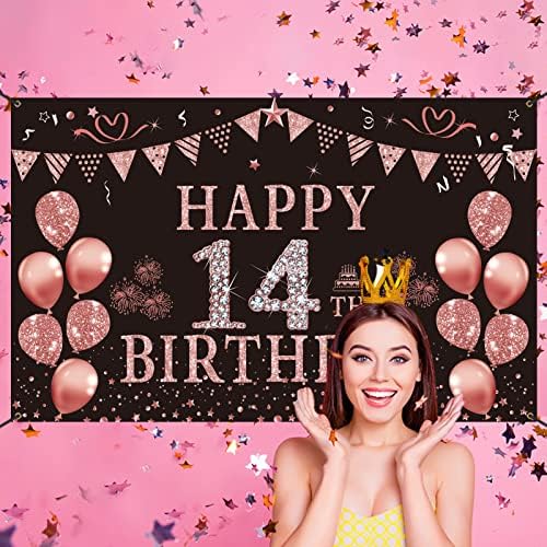 Trgowaul Среќен 14 -ти роденден украси за девојчиња - розово розово злато 14 роденденски банер ， четиринаесетгодишна роденденска забава, снабдување