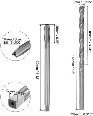 Uxcell Tap & Bit Setts, 3/8-16 UNC H2 H2 директно флејта машина за мелење Допрете Дополнително, 8мм со голема брзина на челик за пресврт