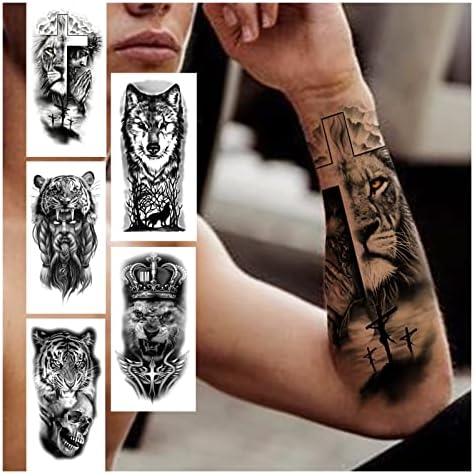 Shangmaoyo привремени тетоважи 6 парчиња крст лав Привремена тетоважа за жени мажи возрасни череп тигар волк шума налепница црна