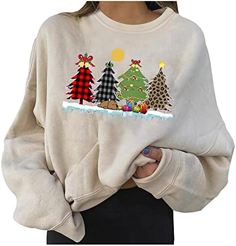 Uikmnh тинејџерка џемпер со топла долга ракав обичен Божиќ Божиќно дрво зимска рунда на вратот на врвовите на џемперите