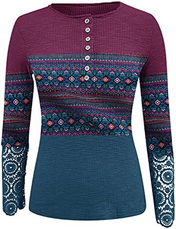 Басисин есен на врвови жени 2022 етнички ленти кошула Хенли Долг ракав Туника чипка кошула Обични блузи
