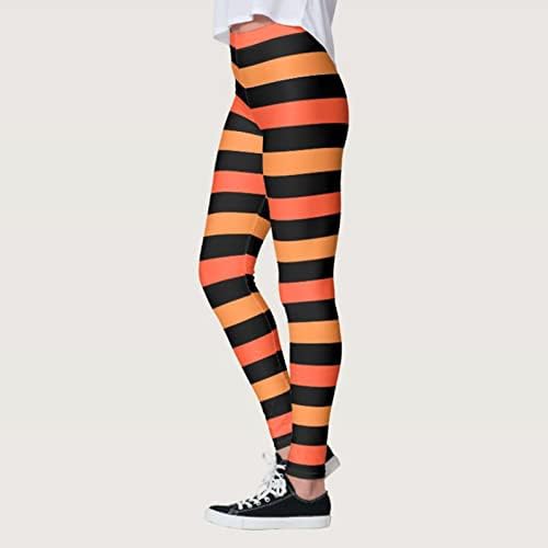 Висина на половината Јога панталони за жени HallowStripes се протегаат црни портокалови Ноќта на вештерките ленти за печатење спортски