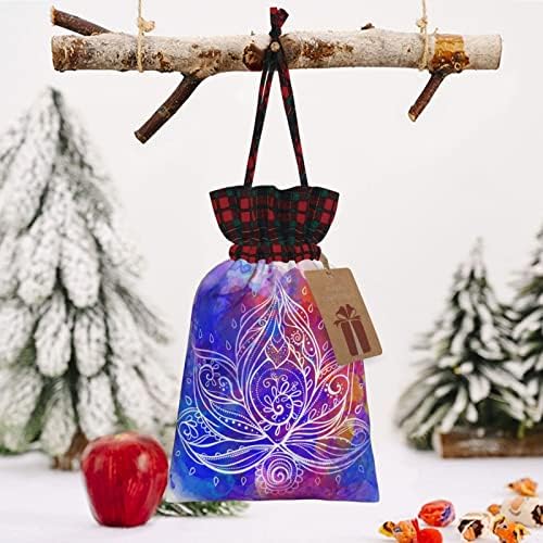 Божиќни Торби За Подароци Со Врвки За Влечење Колорфу-Бохо-Лотос-Цвет Бафало Карирана Торба За Влечење Забава Ги Фаворизира Чантите
