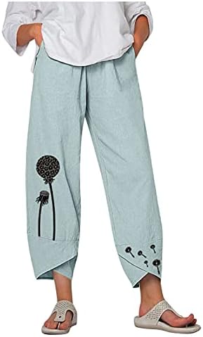 Памучни постелнини панталони за жени за жени обични летни капри панталони со џебови лабави вклопени панталони со бохо удобни панталони