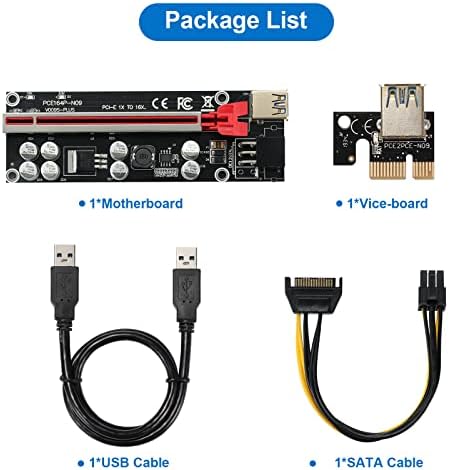 JKTink PCI-E 1x до 16x V009S-Plus Riser картичка, кабел за продолжување на графичка картичка, кабел за напојување 6Pin SATA 8 цврсти