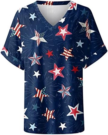Женски врвови летни кратки ракави Денот на независност на денот на печатење графички врвни V-вратот модни основни блузи кошули случајна
