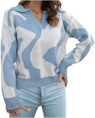 Есен џемпери за жени трендовски печатени v-врат со долг ракав џемпер џемпер за џемпер за џемпер за џемпер на врвови на врвови за џемпер
