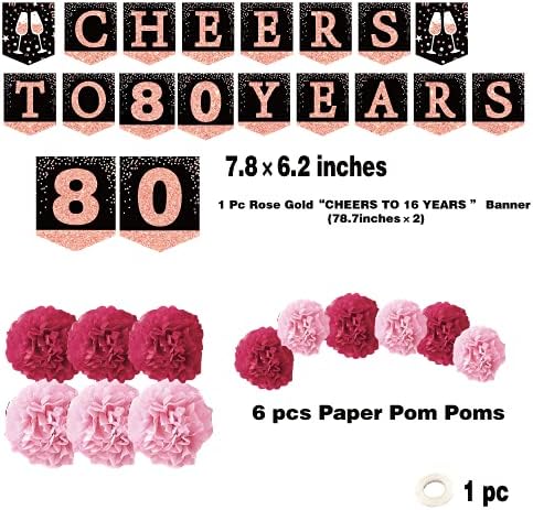 80-ти роденденски украси за жени-навива до 80 години розово злато сјај банер за жени, 6 хартија Пом, 6 Виси Вител, 7 украси налепници.